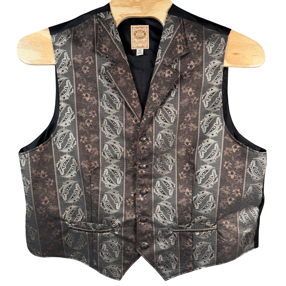 Wah Maker Frontier Vest Mens XXL Brown Paisley Floral Tapestry Western Steampunk